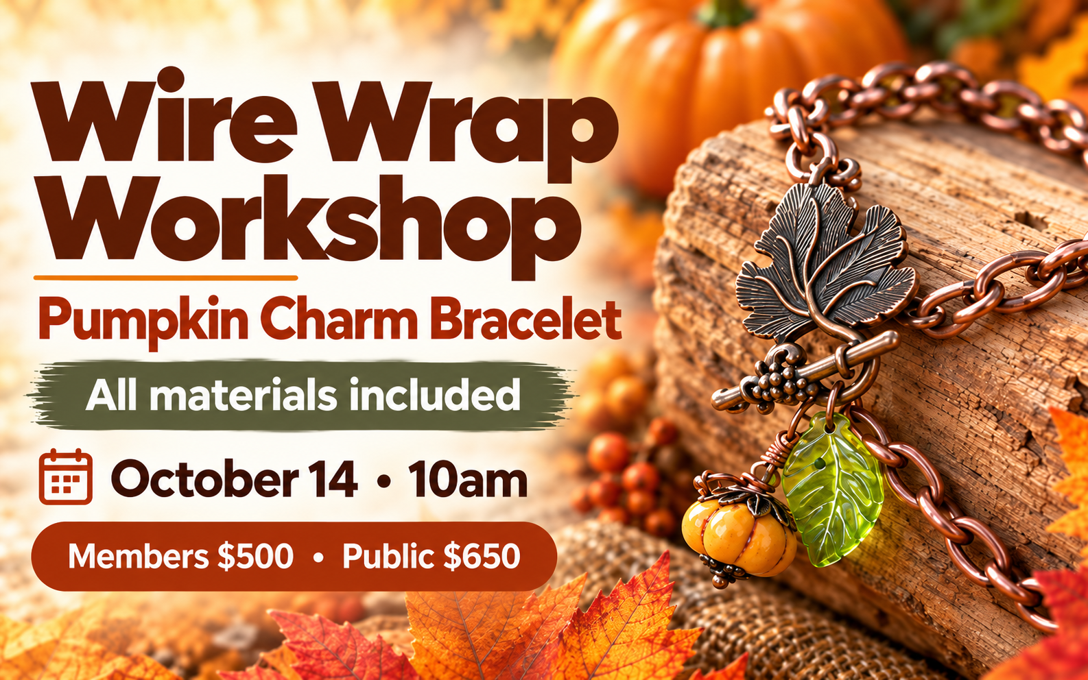 Wire Wrap Workshop: Pumpkin Charm Bracelet HoLA Maz event graphic