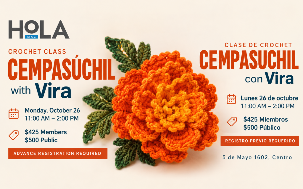 Beginning Crochet: Cempasúchil Marigold HoLA Maz event graphic