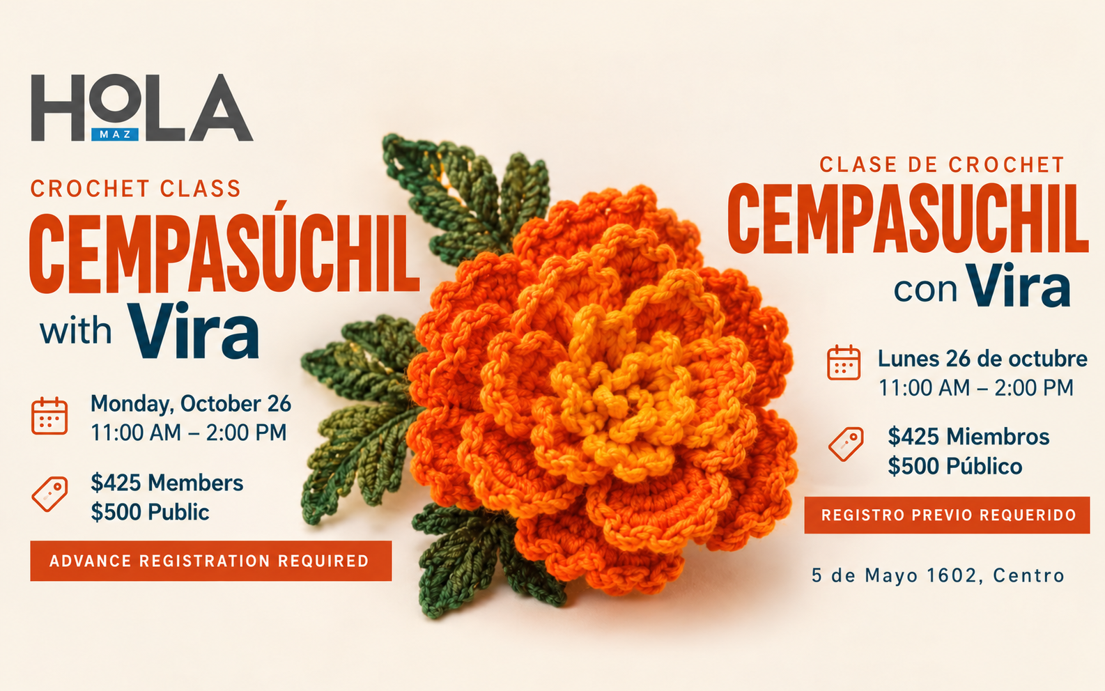 Beginning Crochet: Cempasúchil Marigold HoLA Maz event graphic